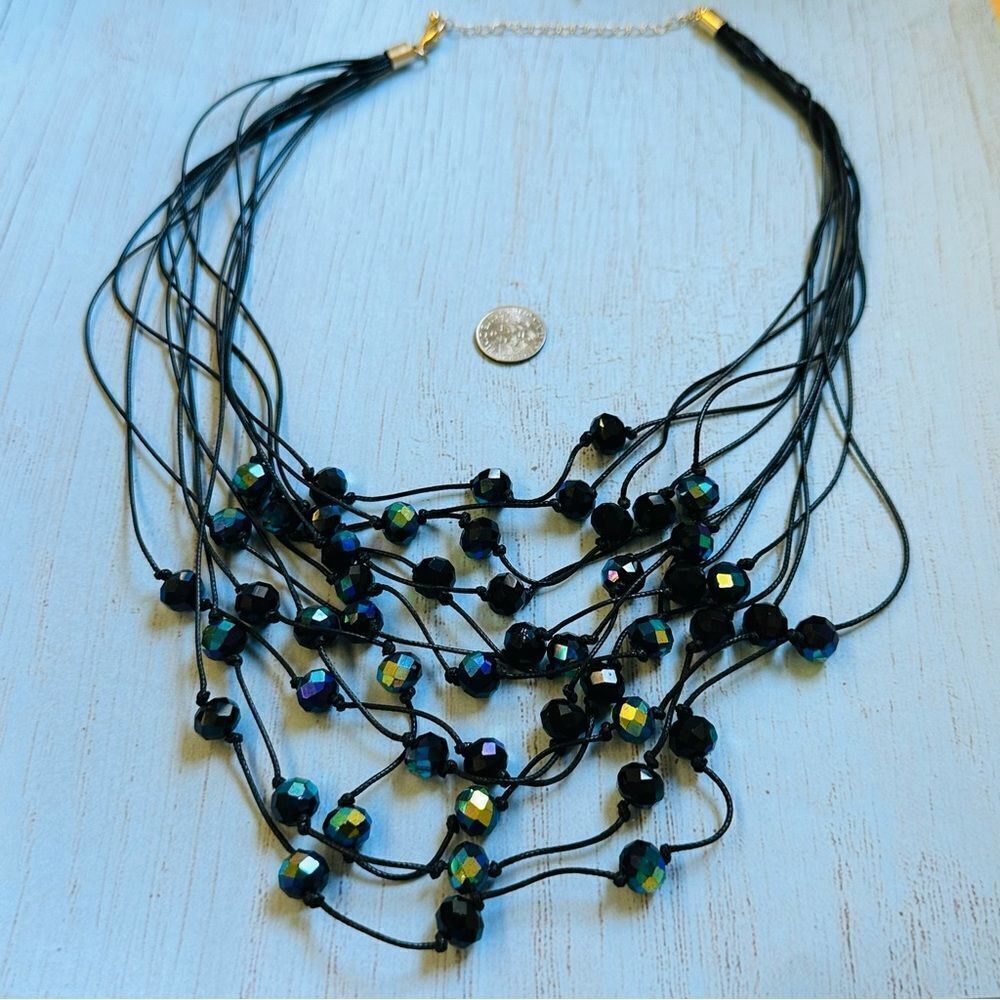 Black‎ Multistrand Cord Black Green AB Bead Bib Necklace